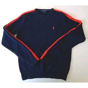 Ralph Lauren Golf Sweater Small Navy Blue, Orange Arm Stripe Pullover Pony Logo